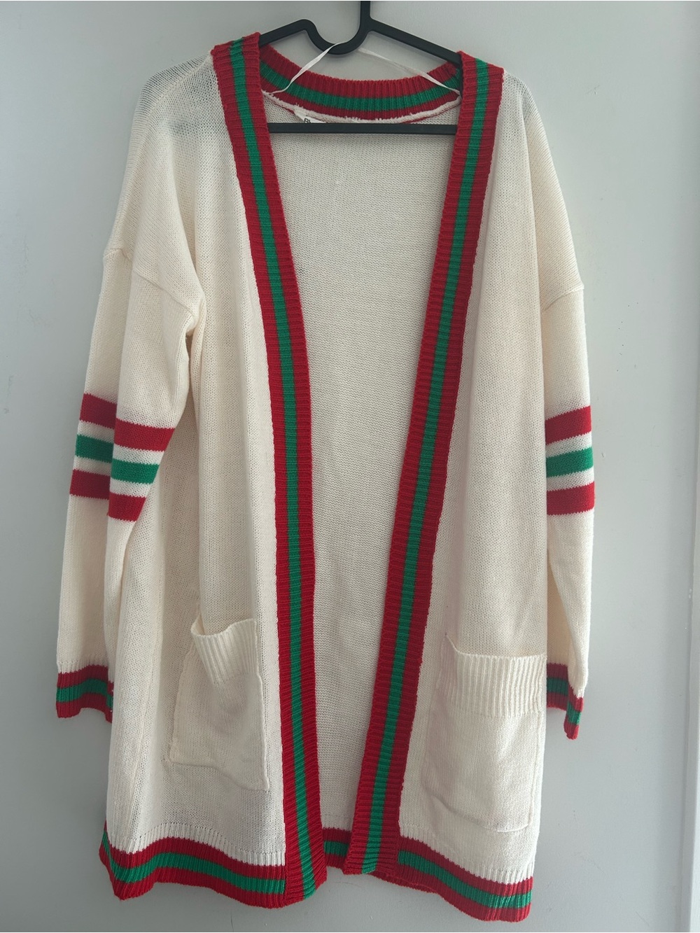 Bluenotes Cream Oversized varsity Sweater with Red and Green Striped Large